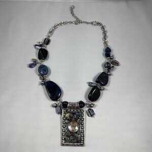 Artisan Blue & Silver Tone Statement Necklace With Beaded Details & Pendant